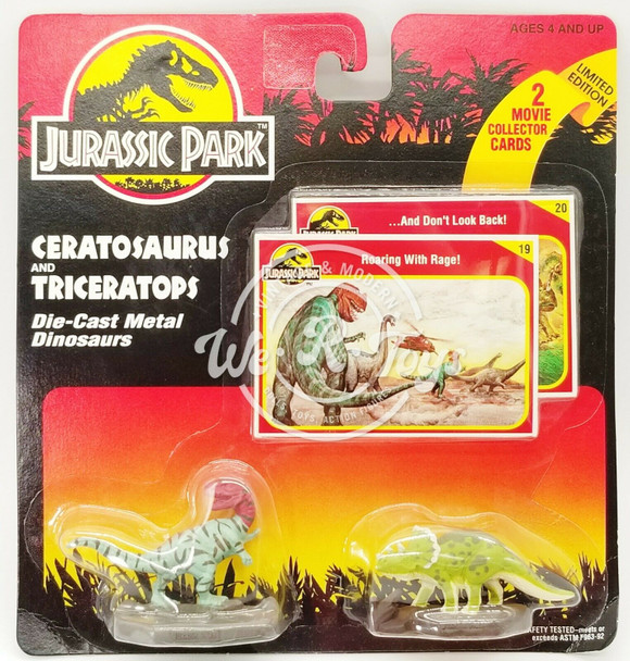 Jurassic Park Ceratosaurus & Triceratops Die-Cast Metal Dinosaurs and Cards NRFP