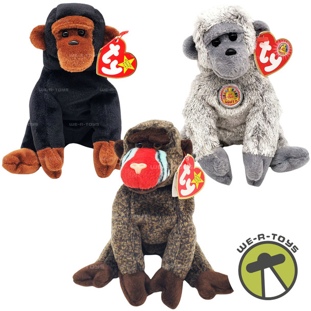 Ty Beanie Babies Lot of 3 Primates Cheeks, Congo, and Virunga Plush