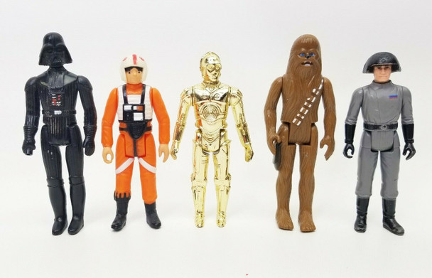 Vintage Star Wars Lot of 5 1977 Figures C3PO Chewbacca Vader Pilot Commander