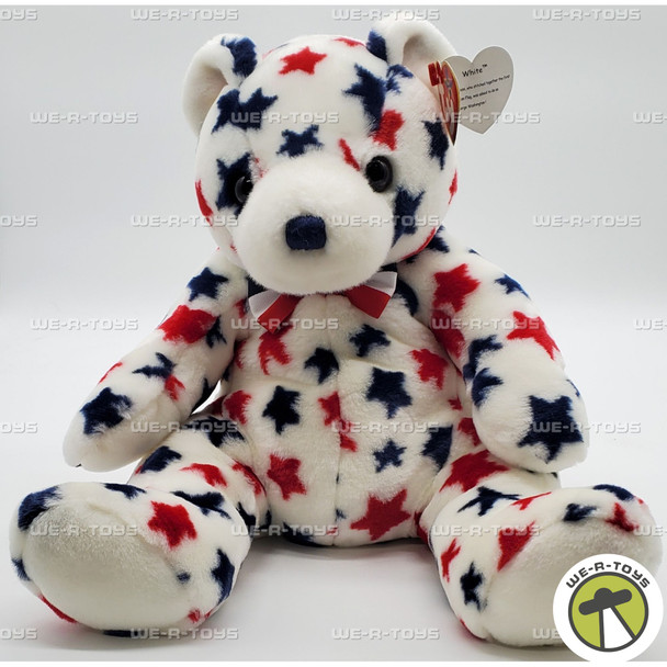 Ty Beanie Buddy White the Bear with Blue and Red Stars Plush