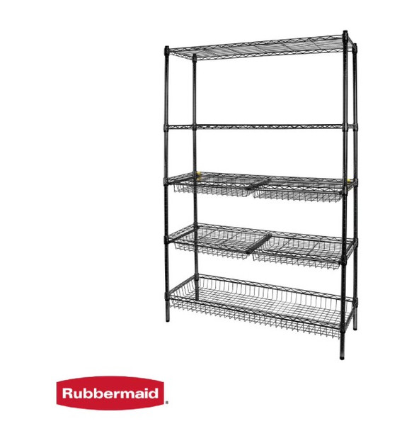 Rubbermaid Heavy Duty 5-Tier Black Wire Shelving Unit, 1250lb Capacity