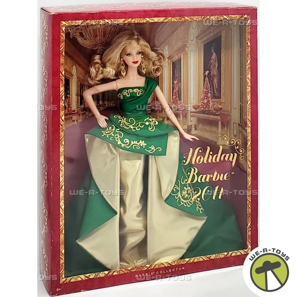 2011 Holiday Barbie Doll Green and Gold Dress Mattel 93372