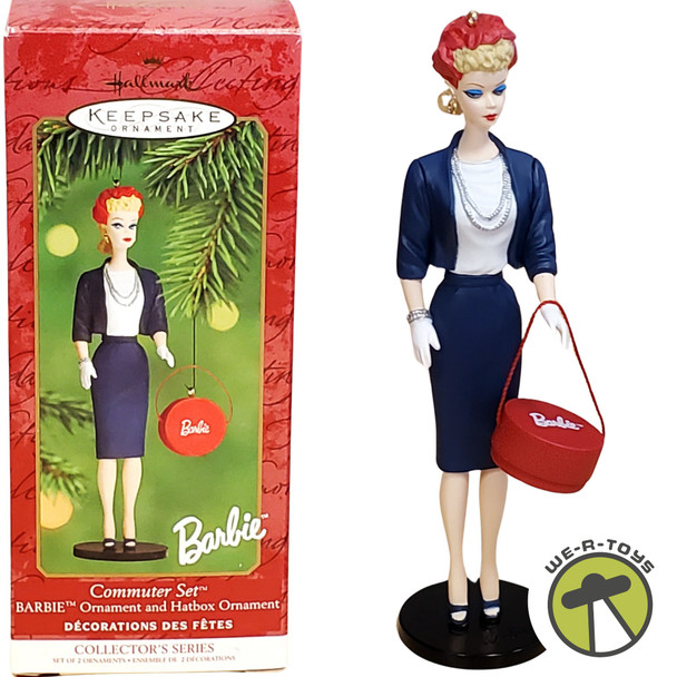 Commuter Set Barbie Ornament and Hatbox Ornament Hallmark Keepsake