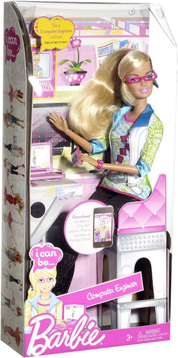 Computer Engineer Barbie is shown, Friday, Feb. 12, 2010 at the New York  Toy Fair. Mattel introduced the 126th career doll for the iconic toy.  Computer Engineer Barbie features a binary code