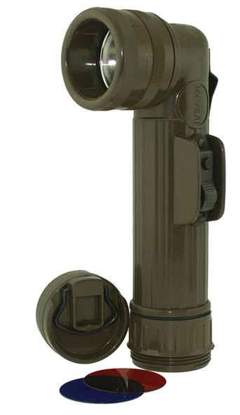 Military Anglehead Flashlight shown in Black and Olive Drab.