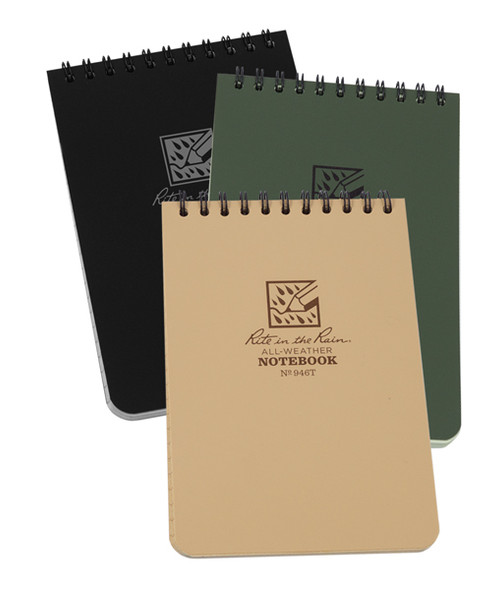 4" x 6" All-Weather Spiral Note Pad shown in Black, Green, and Tan