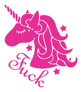 Illustration of a pink unicorn with the word fuck underneath in cursive writing
