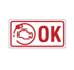 Image of a sticker graphic. The graphic is a parody of the British Columbia electric car "OK" stickers, where instead of a vehicle and plug on the left, it's an engine with a gas nozzle. The sticker is white with red graphcis.