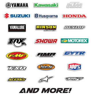 An array of brand logos. The logos are all relevant to various moto companies, such as Yamaha, Honda, and KTM.