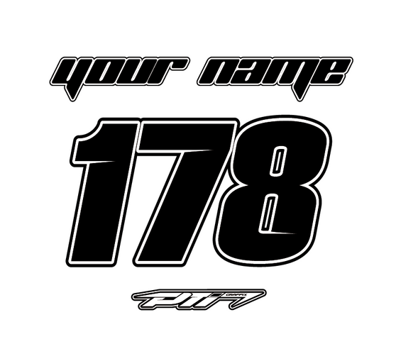 An example of a jersey layout. The top has "your name" written, with a large number underneath, and the PTI Graffix logo on the bottom.