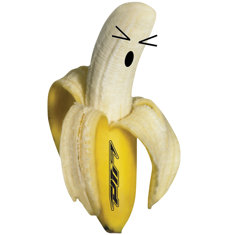 Image of a banana with a PTI logo and a drawn face on it