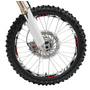 A dirt bike wheel with the rim covered in graphics.
