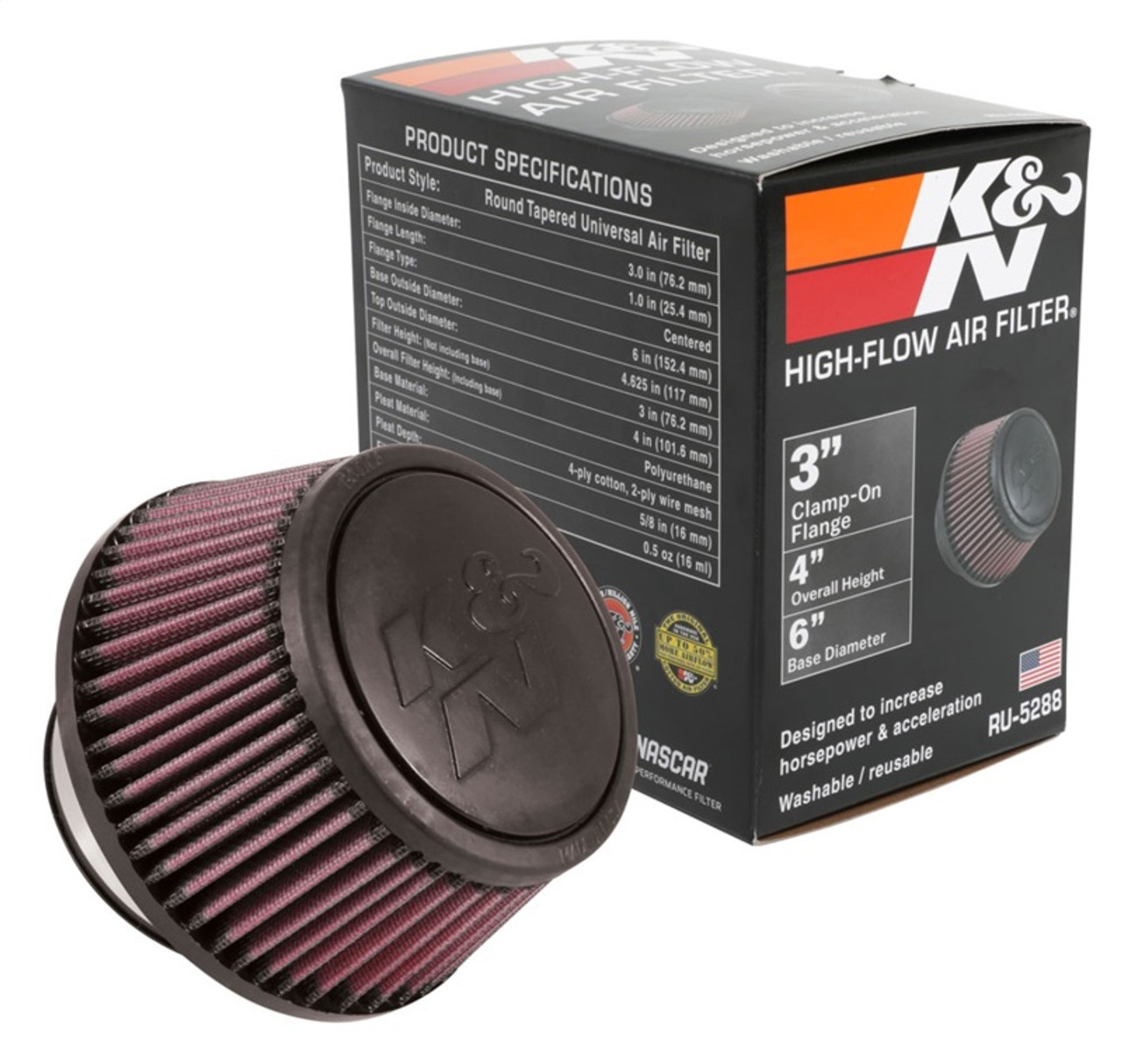 KN Universal Round Clamp-On Air Filter 3in Flange ID x 6in Base OD x  4.625in Top OD x 3in Height RU-5288 Unleashed Tuning