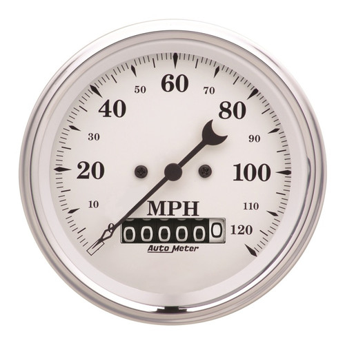 AutoMeter Gauge Speedo. 3-3/8in. 120MPH Elec. Prog. W/ Wheel Odo Old Tyme White - 1679 Photo - Primary