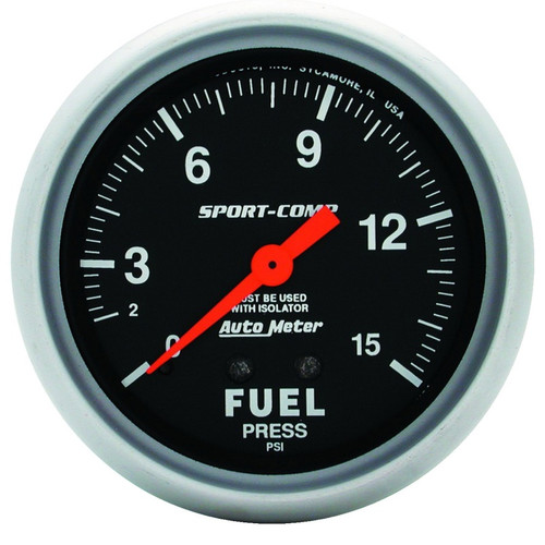 AutoMeter Gauge Fuel Pressure 2-5/8in. 15PSI Mechanical W/Isolator Sport-Comp - 3413 Photo - Primary