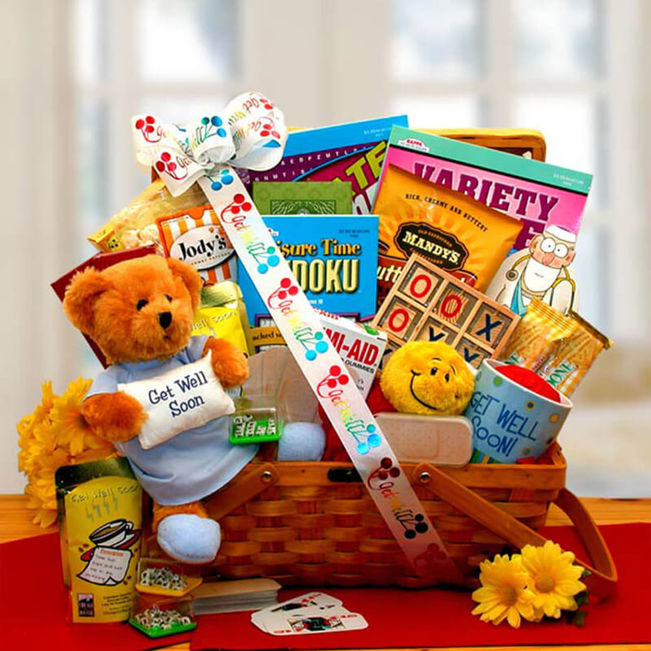 Cheerful Gift Box has Puzzle Books and Snack for Get Well or Cheer