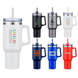 40 oz. Double Wall Insulated Travel Mug with Handle and Straw