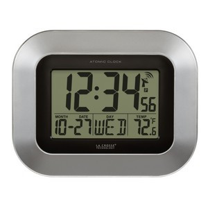 Silver Atomic Digital Wall Clock w/Indoor Temperature & Date