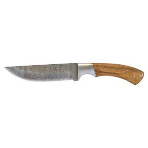 9 1/2" Fixed Blade Wood Knife with Damascus Steel Blade and Leather Sheath