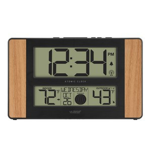 Atomic Digital Wall Clock w/Temperature & Moon Phase (Oak/Black)