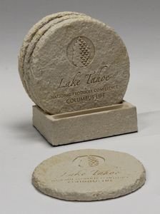 4-Pc Round Limestone-Texture Coaster Set w/Base