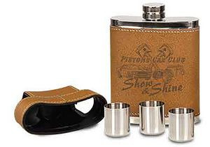 7 Oz. Leather Flask w/Lid & 3 Shot Glasses