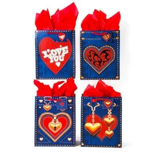 Large Valentine Gift Bags - 4 Matte Denim Design (Case of 120)