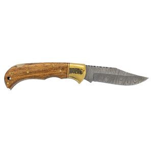 Bison River 3 3/4" Wood Folding Knife with Damascus Steel Blade and Leather Sheath