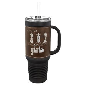 Polar Camel 40 oz. Black with Rustic/Silver Laserable Leatherette Travel Mug with a Handle, Strw Inc