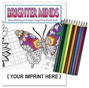 Relax Pack - Brighter Minds adult coloring puzzle book combo + Colored Pencils