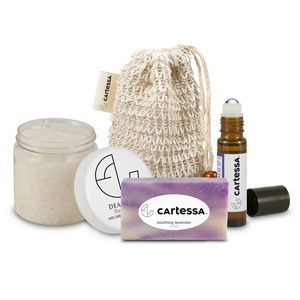 Loofah Bag with Sewn-in Tag: Bath Salts, Mini Soap, and Roll-On Essential Oil