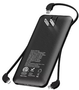 10000mAh Power Bank with Built in AC Wall Plug and 3 USB Cables