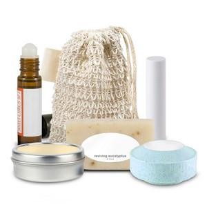Loofah Bag with Roll-on Oil, Mini Soap, Shower Steamer, Candle Tin, Lip Balm, with Sewn-in Tag