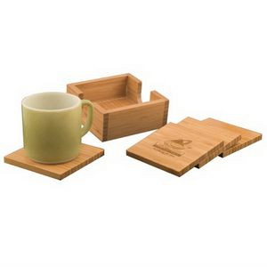 Bamboo 4Pc Coaster Set With Holder