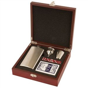 Laserable Rosewood Finish Flask/Gaming Set