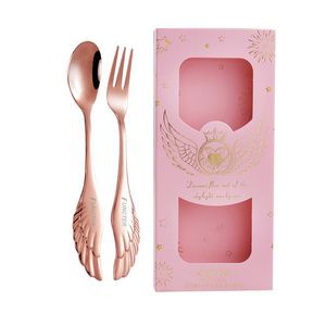 Set of 2 Rose Gold Angel Wing Spoon Fork Flatware Set Tableware Pink Gift Box