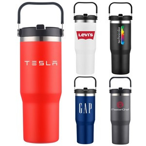 Scenesetter 30oz Double Wall Vacuum Insulated Thermos with Sip Straw and Carrying Handle Black