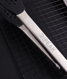 12 inch 304 Stainless Steel Food Tongs w/Silicone Locking Clip Barbeque Kitchen Tongs (Round Hole)