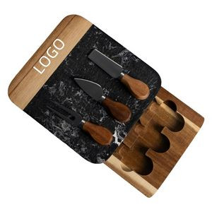 Black Marble and Acacia Wood Cutting Board with 3 pcs Knife Set