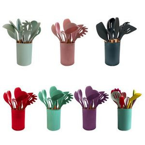 11 Pcs Non-stick Silicone Cooking Kitchen Utensils Spatula Set with Holder with Wooden Handle