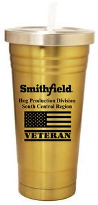 22 Oz. Double Wall S. Steel Tumbler with Straw/ Screw-On Lid, Gold Color