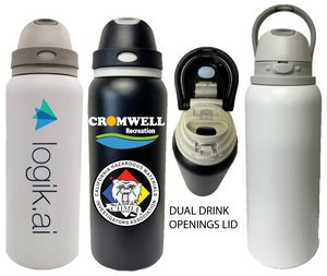 32 Oz. Stainless steel vacuum bottle with dual place drinking and carry loop