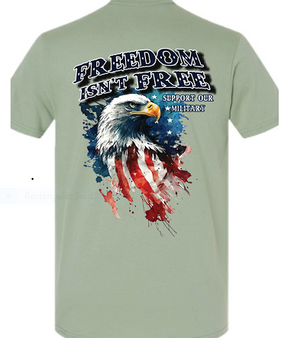 Freedom Isn't Free - Support Our Troops!
65/35 polyester/cotton
Modern classic fit
Narrow width, rib collar
Taped neck and shoulders for comfort and durability