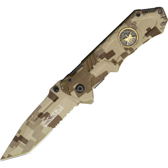 Assisted opening. 4.5" (11.43cm) closed. 3.5" (8.89cm) digital camo finish partially serrated stainless tanto blade. Digital camo aluminum handle. Thumb stud. Extended tang. Pocket clip.