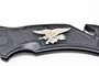 The Navy SEALs Rescue Knife is 4.5″ closed. 3.25″ black stainless steel part serrated blade. Black aluminum handle with black onlay and Pewter Trident emblem. Built in seat belt cutter and glass breaker. Metal pocket clip. Fast spring assisted opening action-just flick the stud on the back spine of the knife for instant blade deployment!