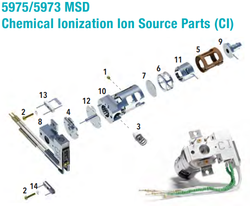 Agilent 5975/5973 MSD Chemical Ionization Ion Source parts diagram showing item numbers