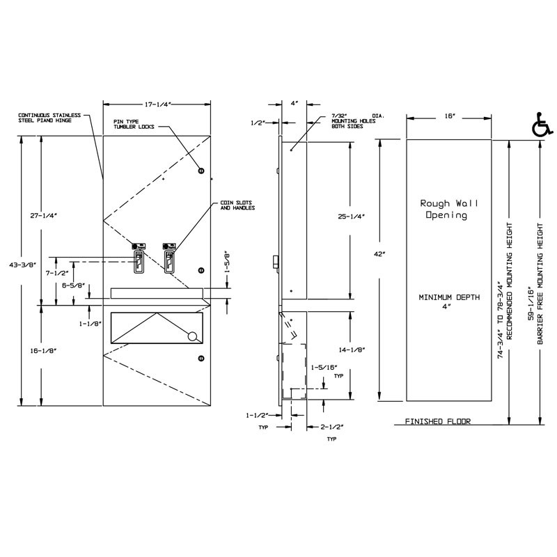 ASI Recessed Dual Napkin and Tampon Vendor with Disposal 04684-TM - Size