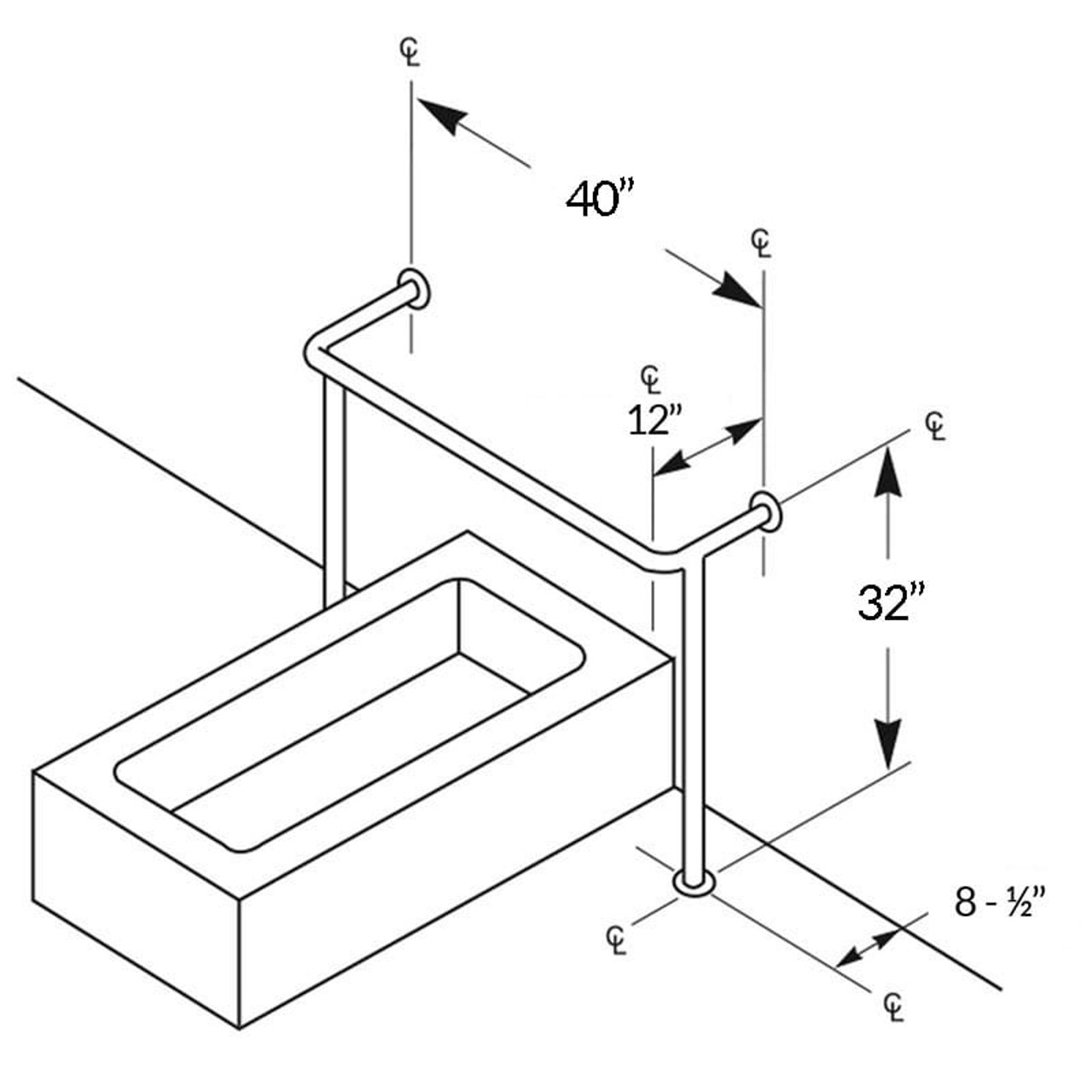 Stainless Steel Bathtub Grab Bar Wall to Floor, 4 Flange T021