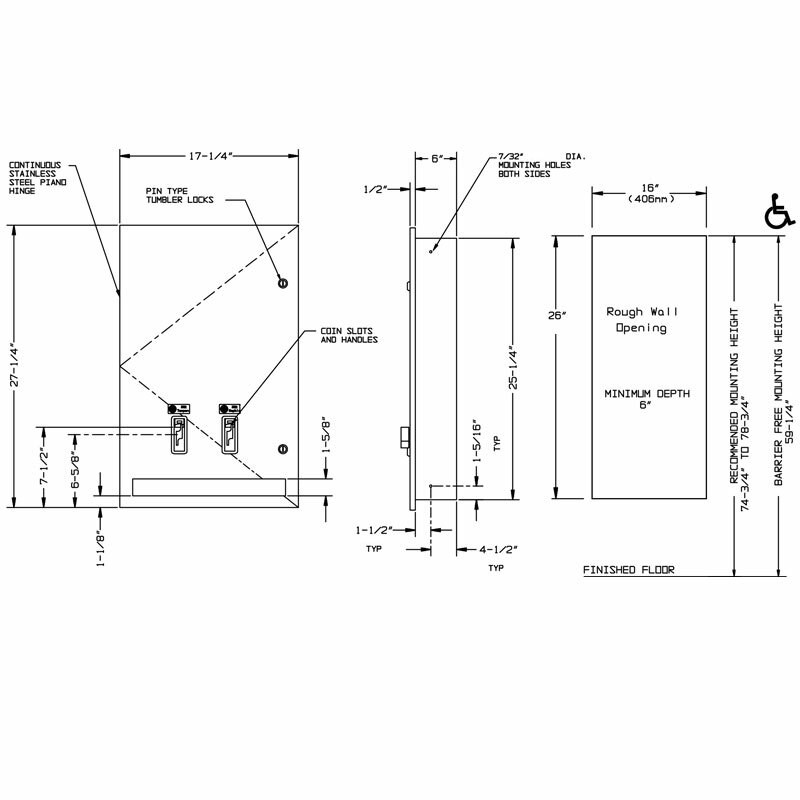 American Accessories Nebraska Series Streamline Recessed Napkin/Tampon Dispenser - Spec Sheet