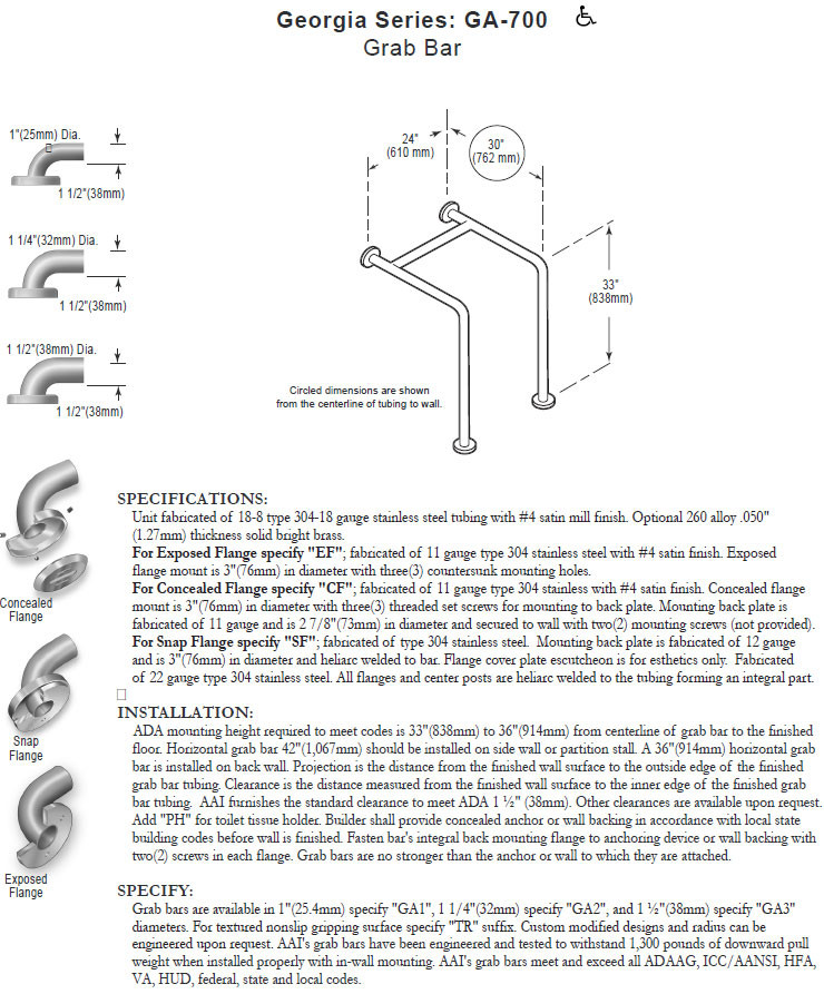 American Accessories Georgia Series Wall to Floor Straddle Grab Bar - detail 1